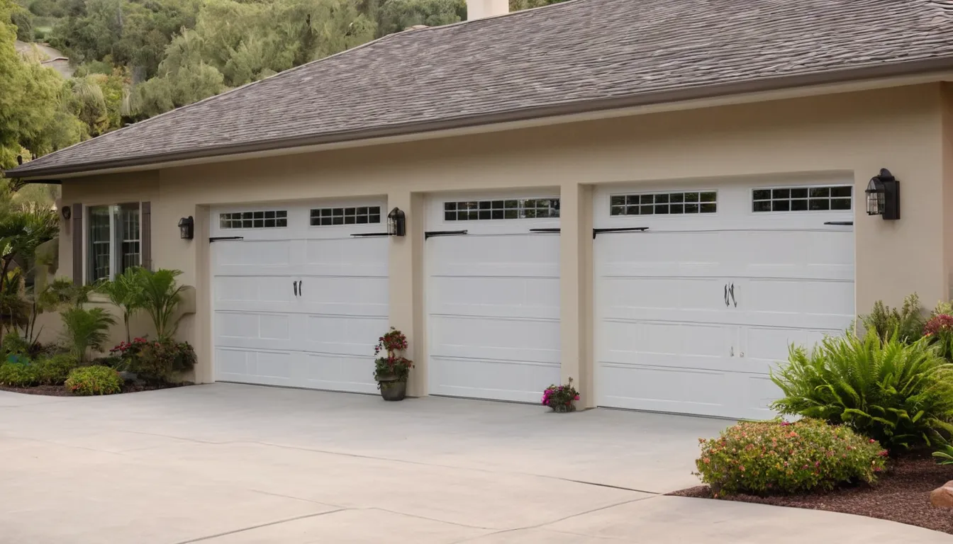 A new garage door freshly installed on a stucco ranch home in Long Beach