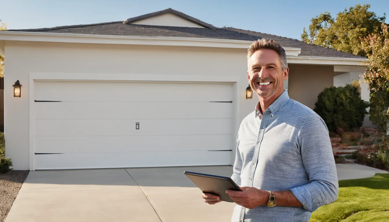 A homeowner in Long Beach looking at a stucco garage with a closed door